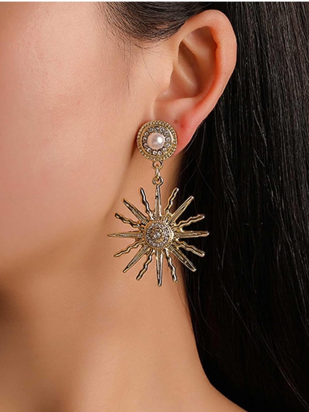 Gold Sunburst Drop Earrings with Pearl Accent